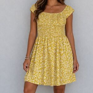 Yellow Ditsy Floral Smocked Off Shoulder Babydoll Mini Dress Rayon Size M